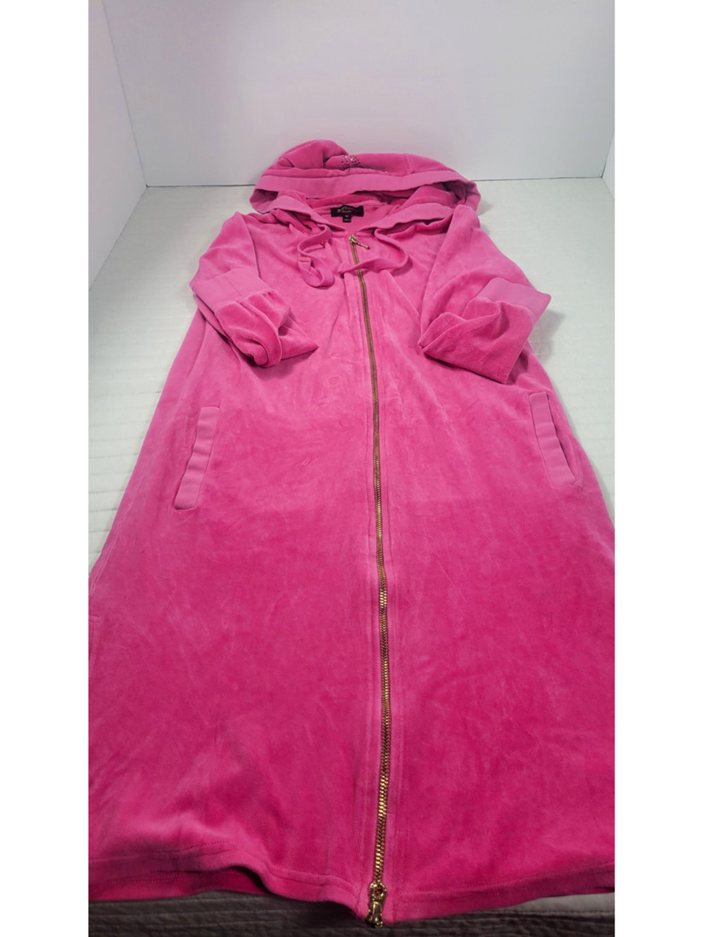 Juicy Couture Black Label Hot Pink Velour Full-Zip Maxi Hoodie Dress Rhinestone